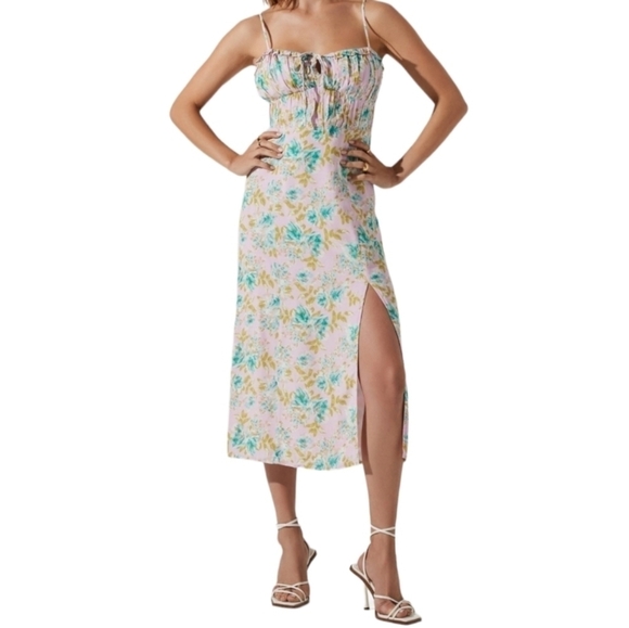 Astr The Lable Verana Pink Turquoise Floral Midi Slip Dress - Size Small - Picture 1 of 9